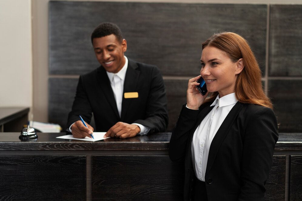 A imagem mostra um exemplo de recepcionistas.