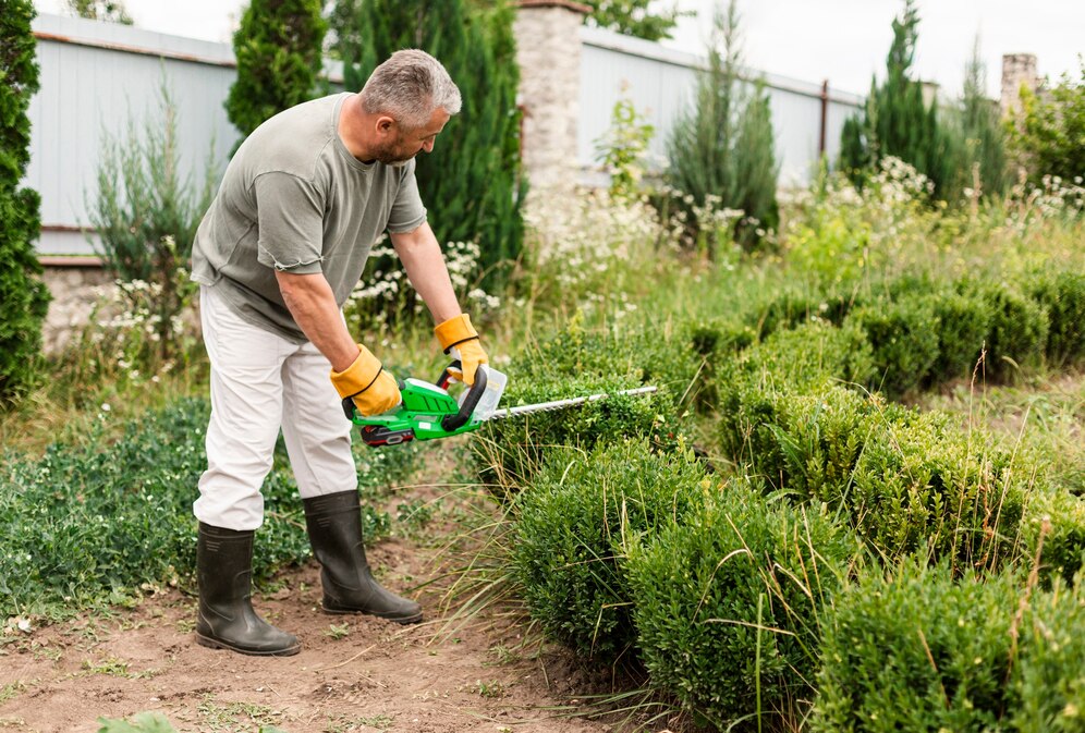 A imagem mostra uma pessoa fazendo a manutenção de um jardim,