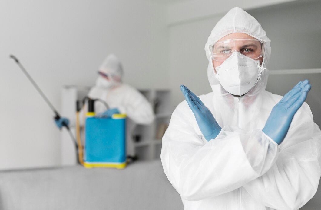 A imagem mostra um exemplo de uma pessoatercerizada na área de desinfecção.